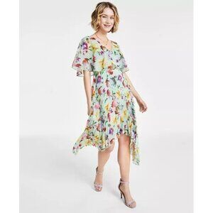 128$ kensie Pleated V-Neck Floral Asymmetric Chiffon Dress Size 12 Multicolor
